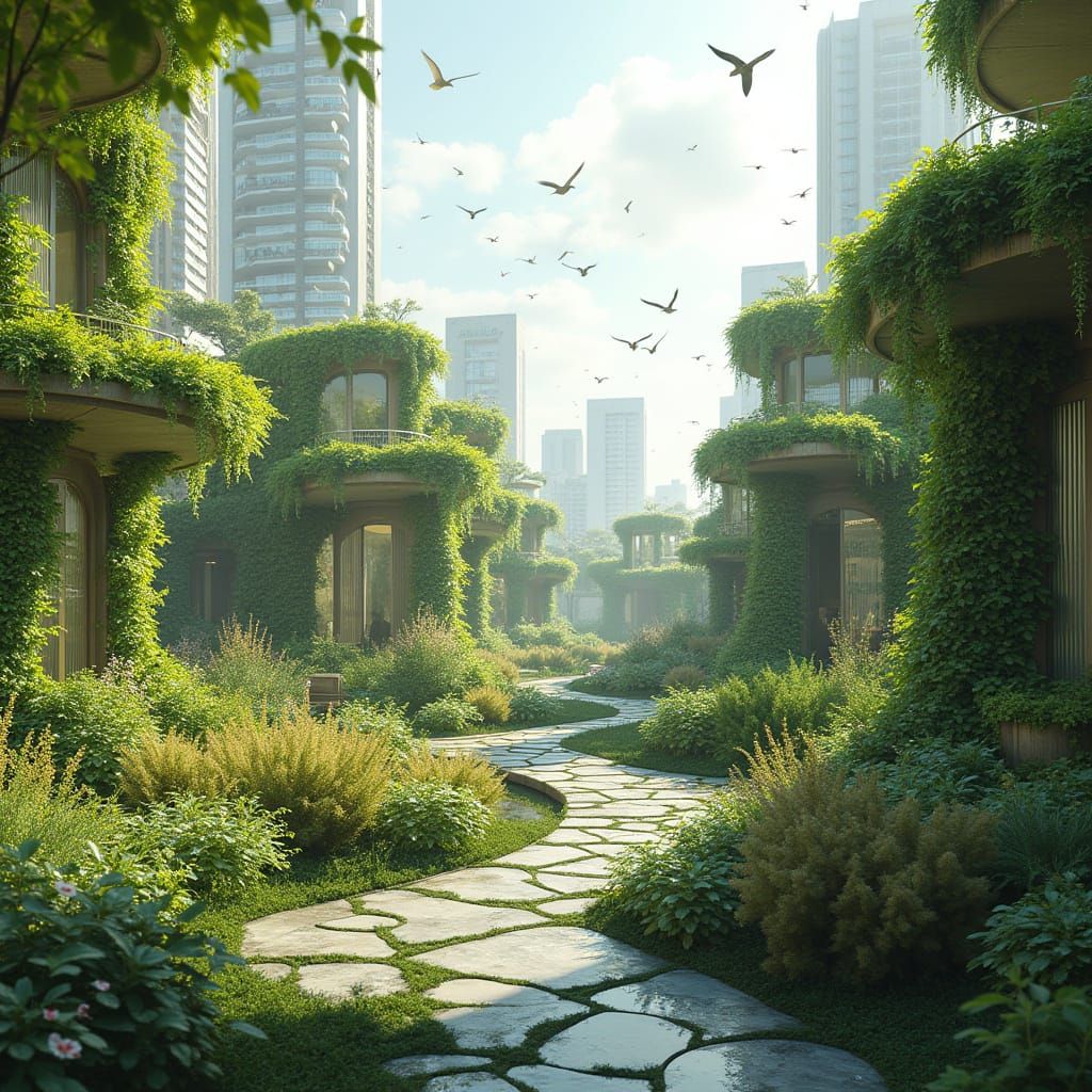 Futuristic Organic Urban Park with Greenery and Flower Pots