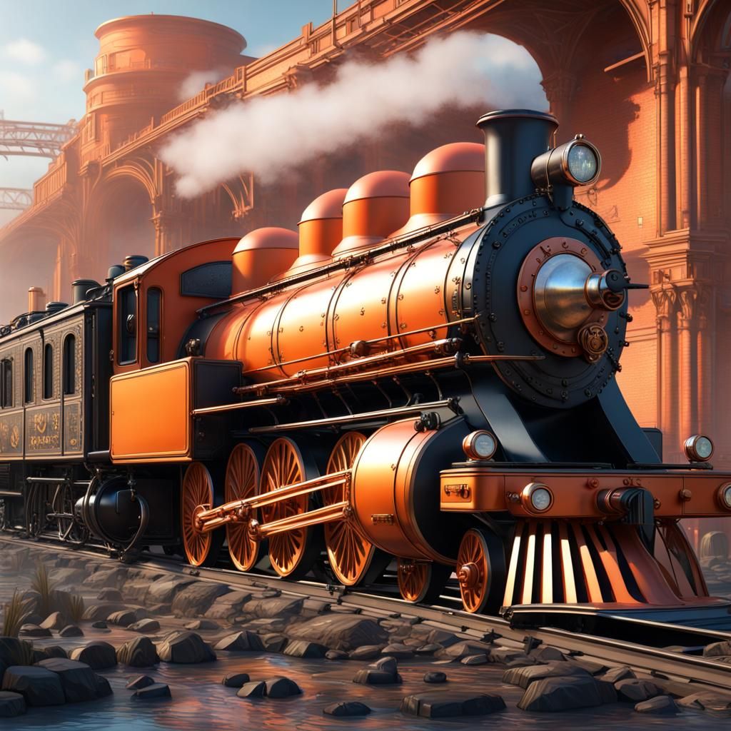Steampunk Orange Victorian Locomotive in Watercolor Style