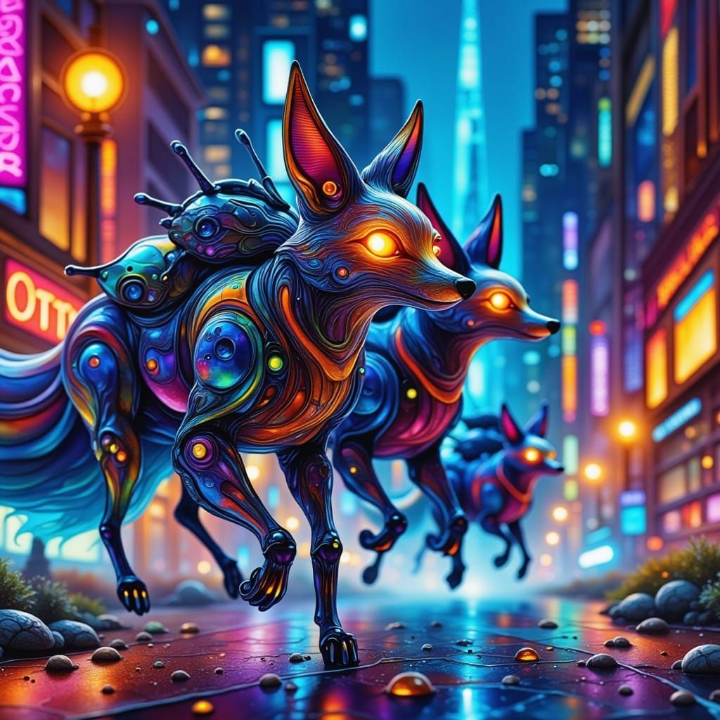 Robotic Foxes Race Through Neon Cyberpunk City