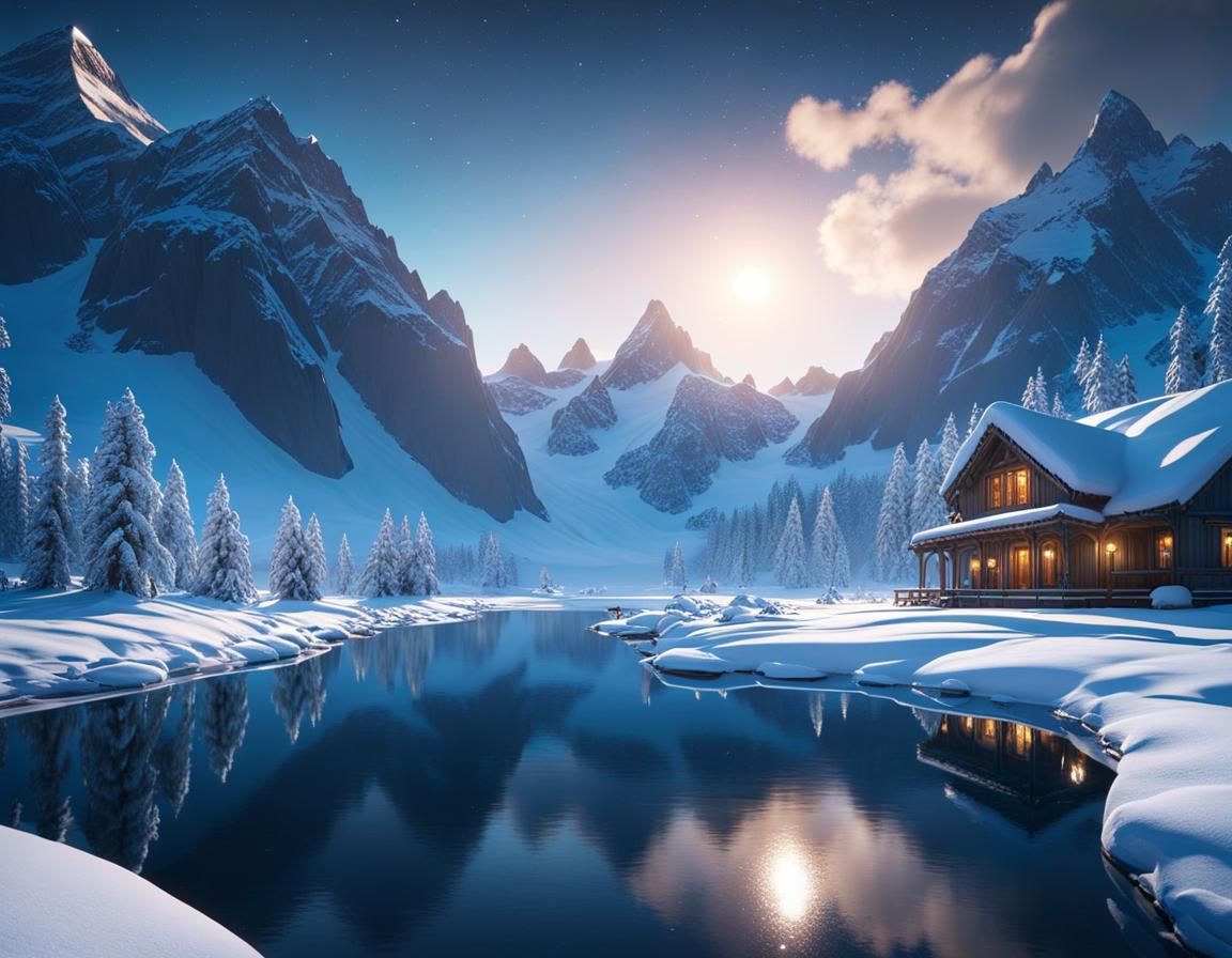 Frozen River in Winter Mountain Landscape