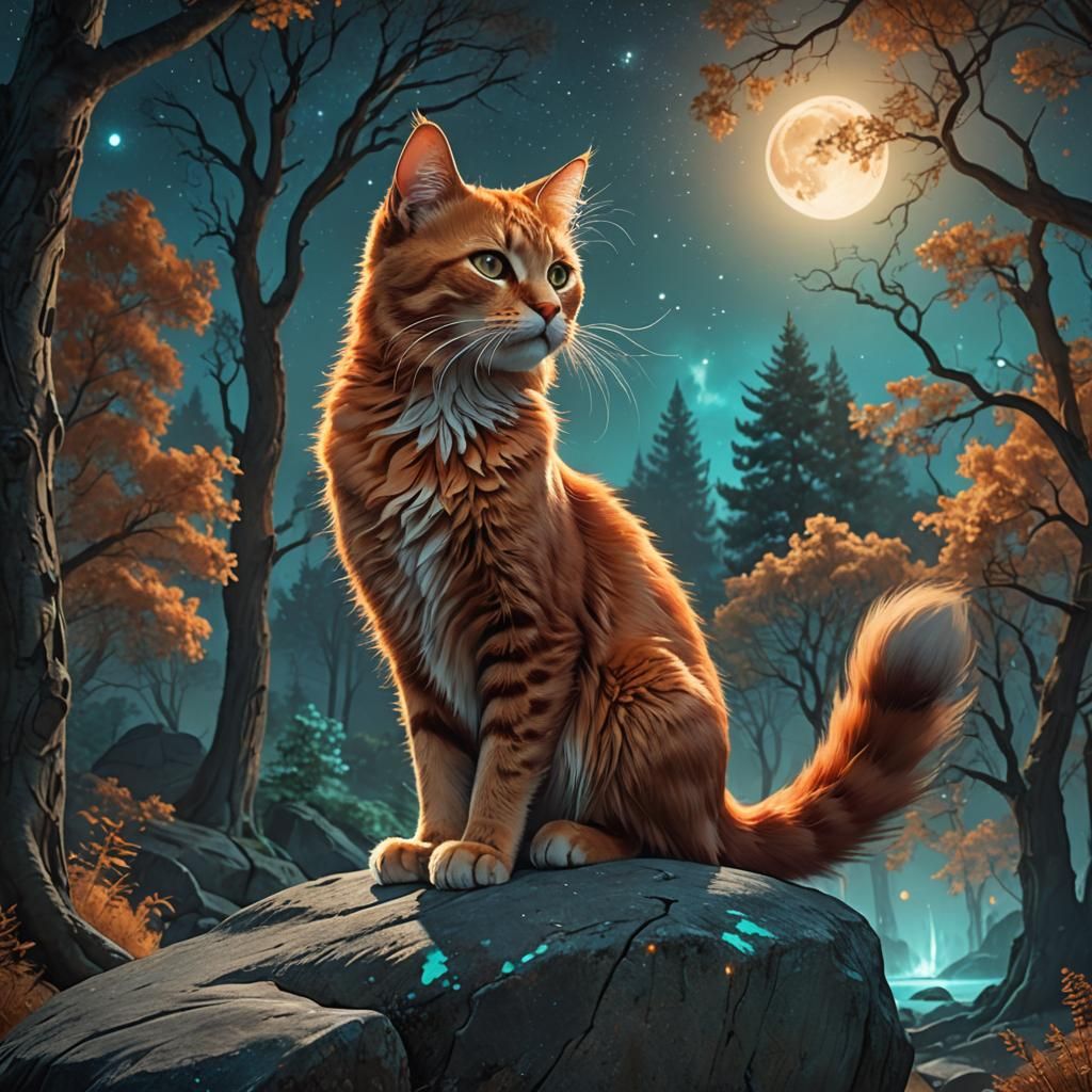 Fiery Feline in Moonlit Forest: Digital Matte Painting