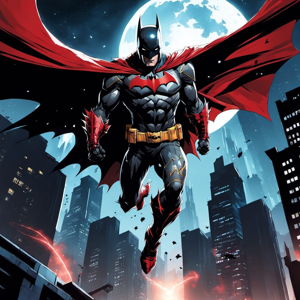 Batman in Halley's Comet Armor Parkouring Between Buildings