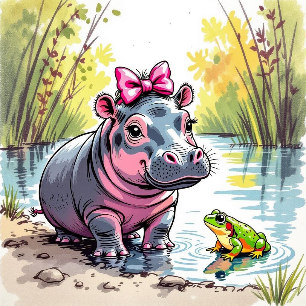 Humorous Hippo and Newt Meeting in Don Lowe Style