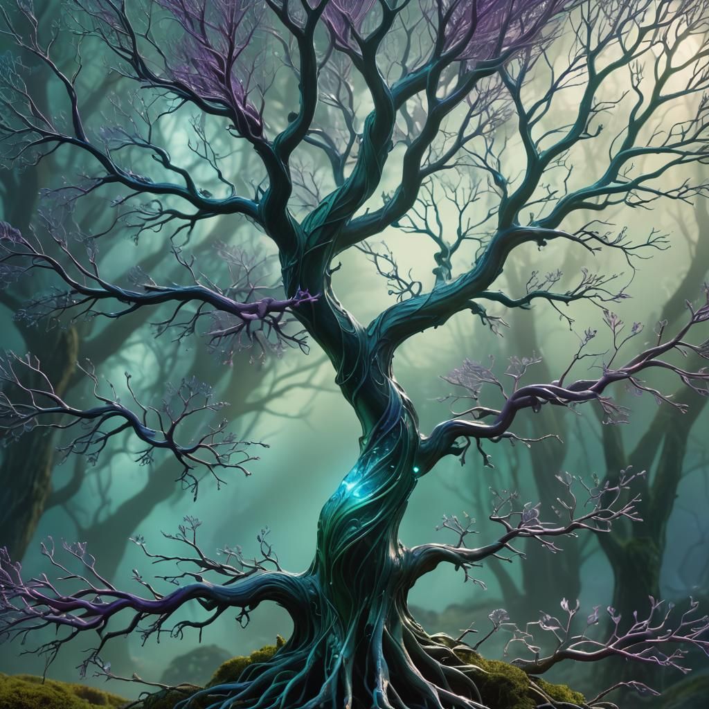 Crystalline Glass Tree with Glowing Roots