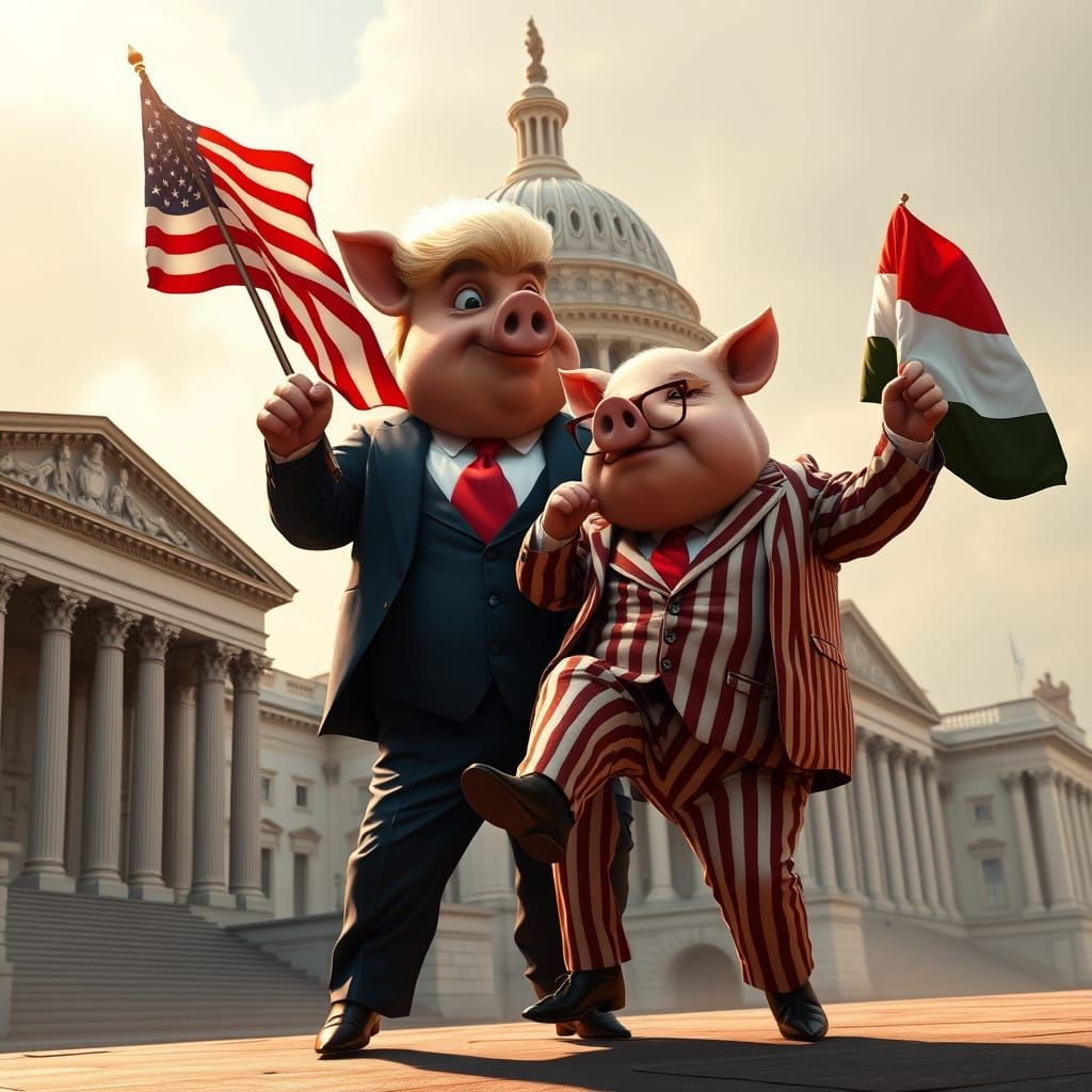 Suave Pig in Navy Suit Kicks Rival with Powerful American Sp...