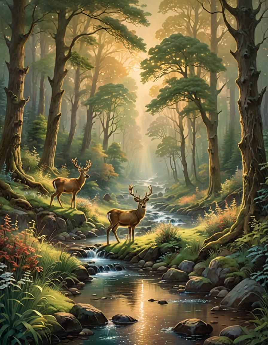 Ethereal Forest: Deer and Rabbits in Golden Light