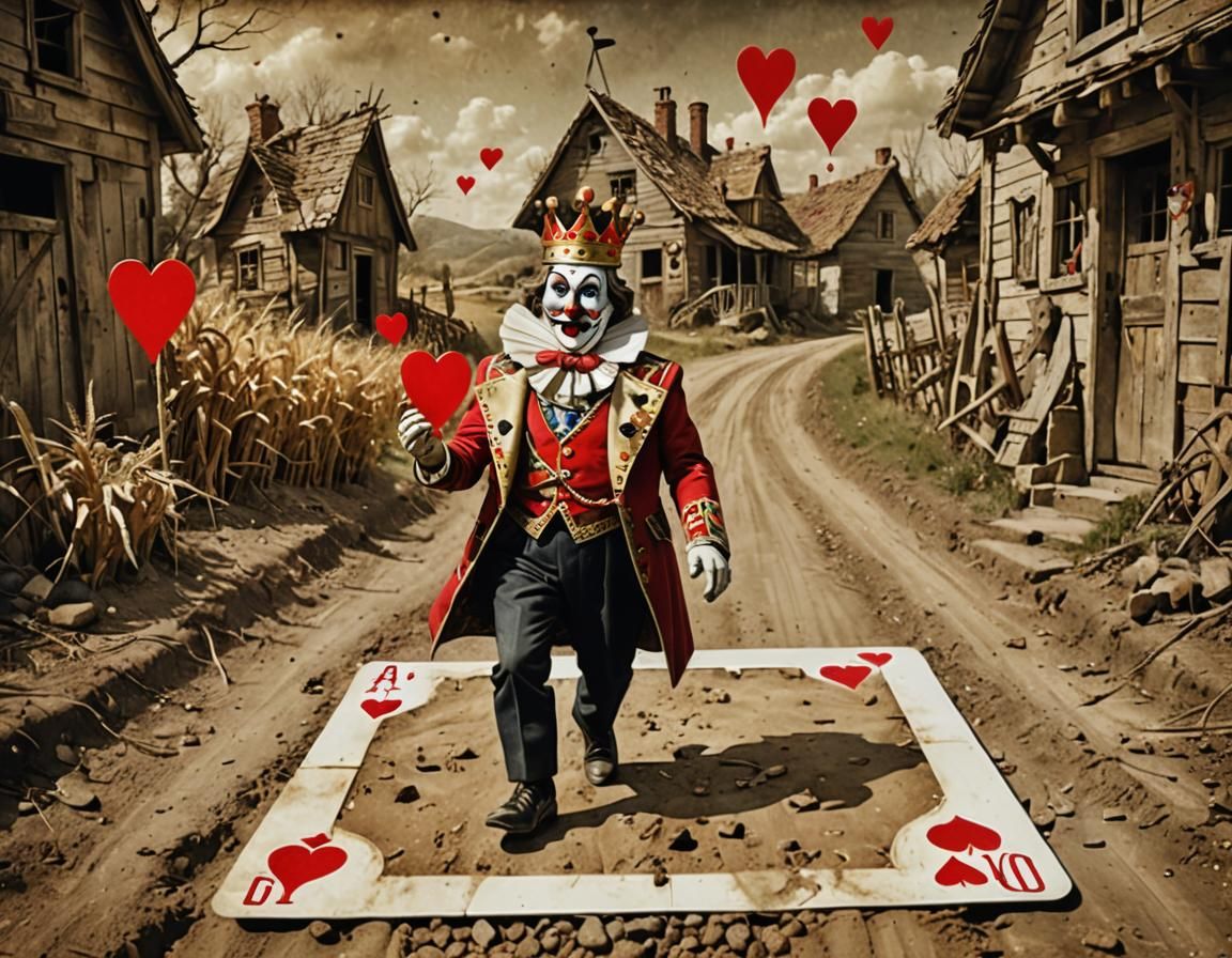 King of Hearts Chasing Queen in Surreal Scene