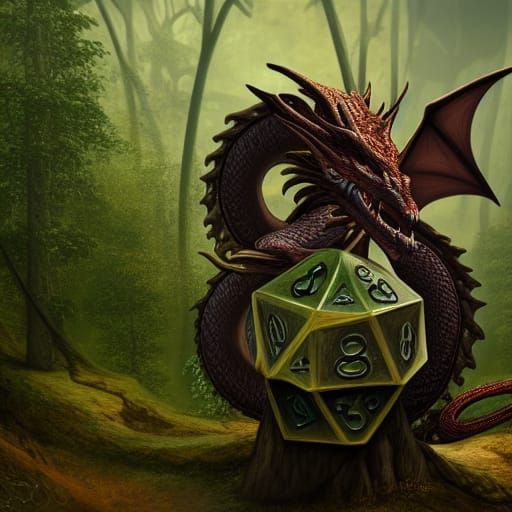 Dragon on Dice Statue in Forest: Fantasy Art