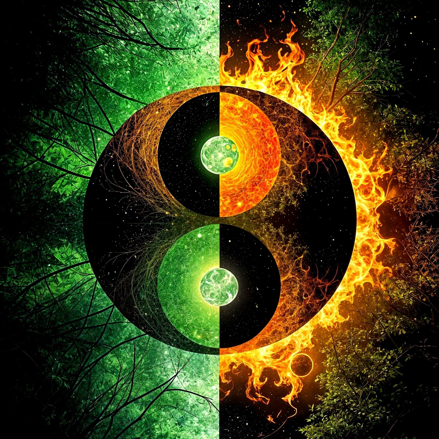Vibrant Yin-Yang Nature Scene in Surreal Silhouette Art