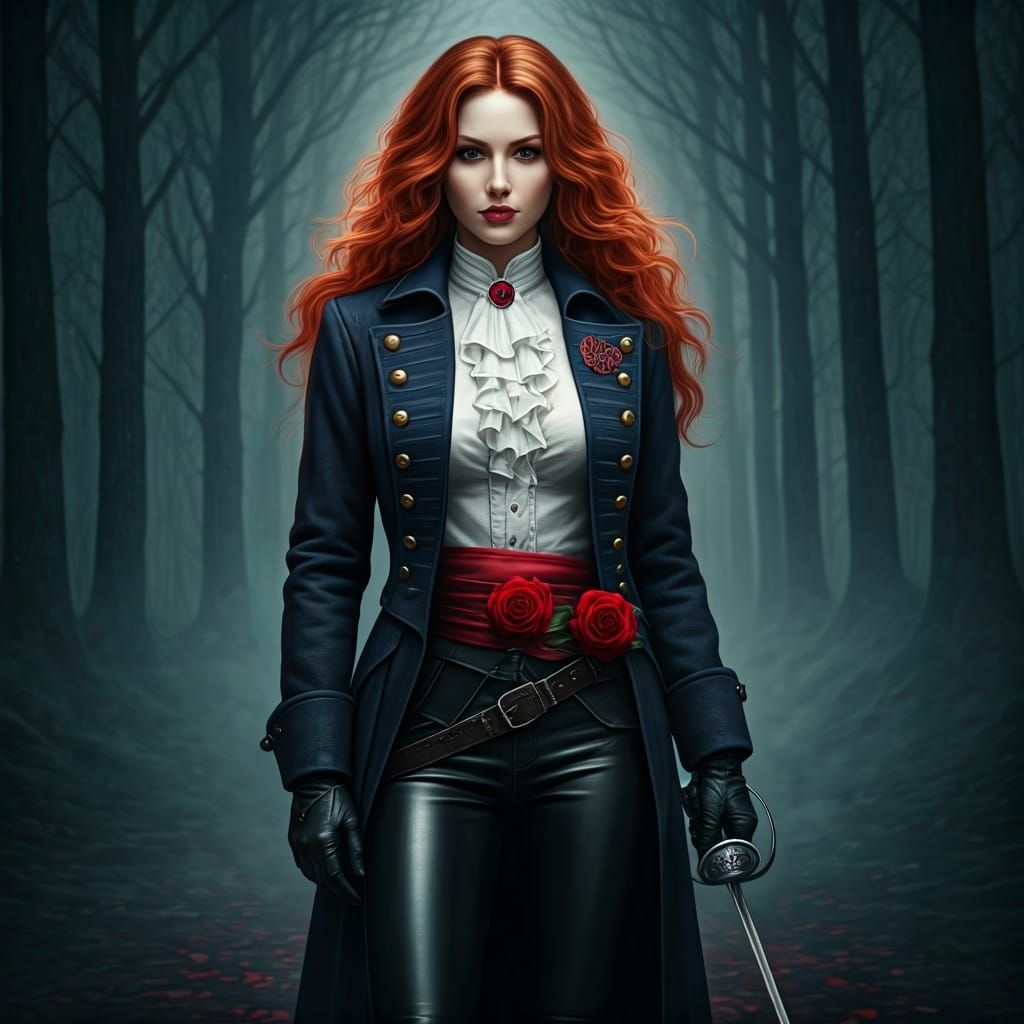 Fiery Redhead in Dark Forest, Gothic Fantasy