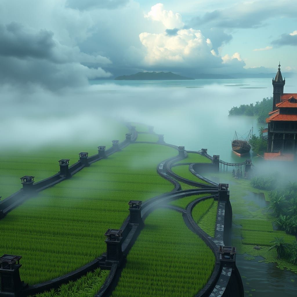 Vast Mist-Shrouded Delta Landscape with Saltrice Paddies and...