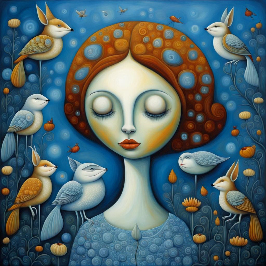 Dreamy Creature in Blue World: Surreal Folk Art