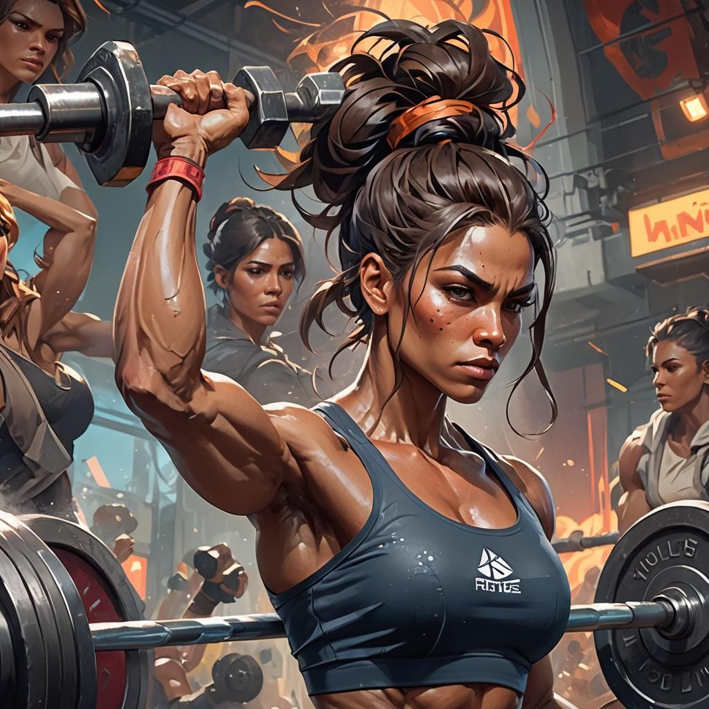 Muscular Women Lifting Weights: Hyperdetailed Portrait