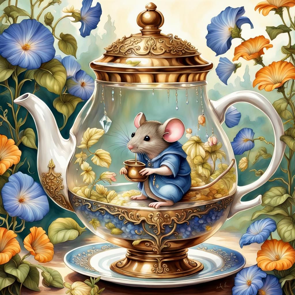 Fairytale Mouse in Teapot Storybook Illustration
