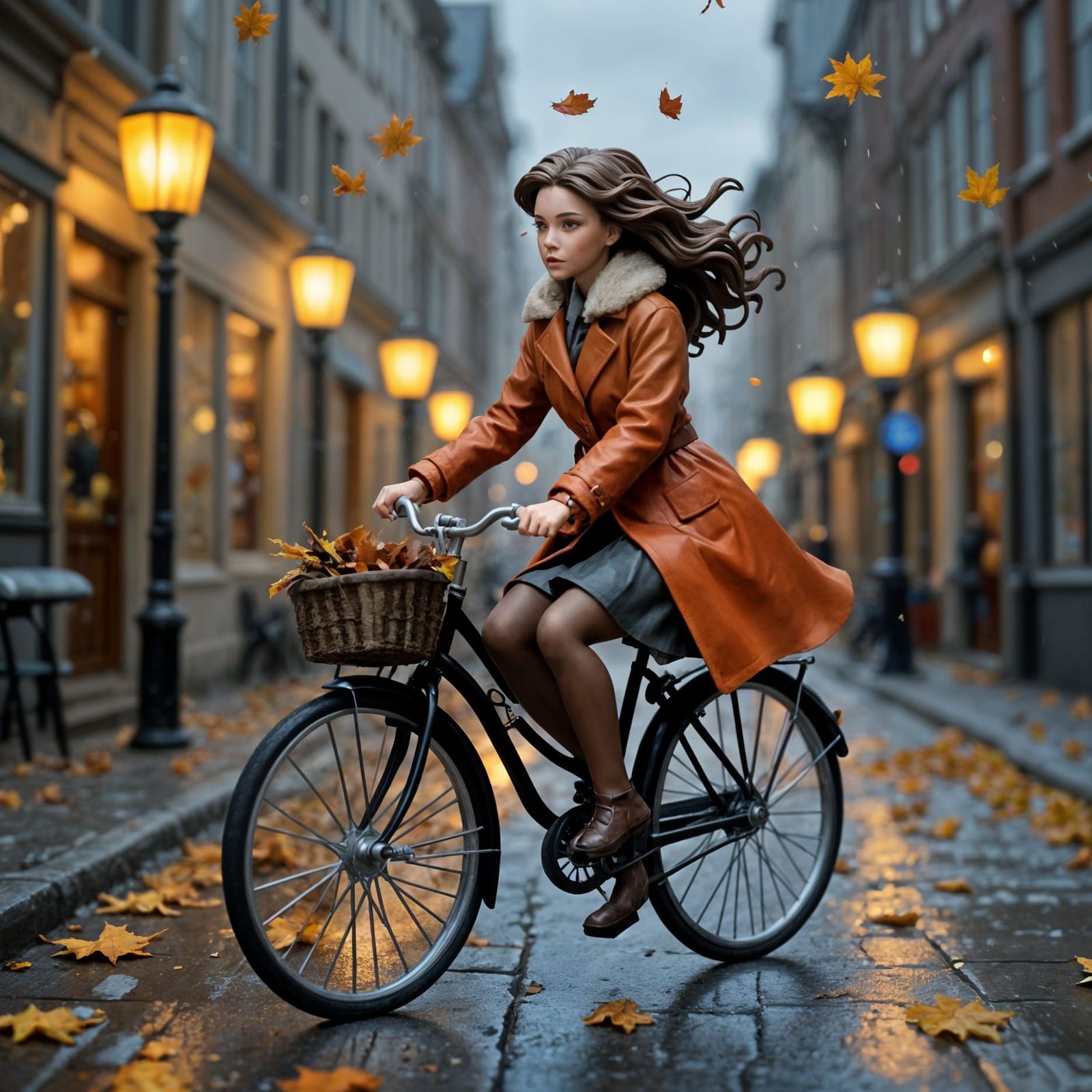 Woman Cyclist in Autumn Storm, Miniature Diorama Style