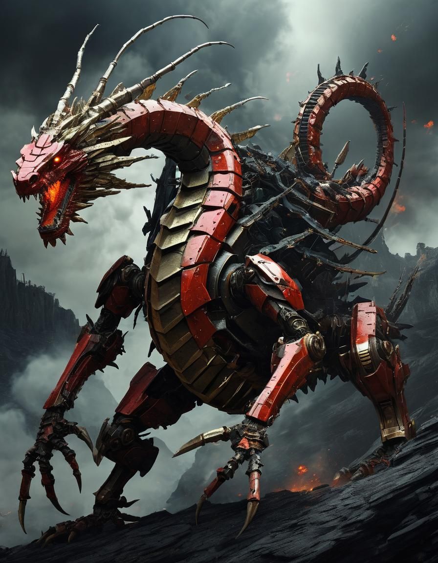 Mechanical Dragon Versus Armored Centipede in Mountains