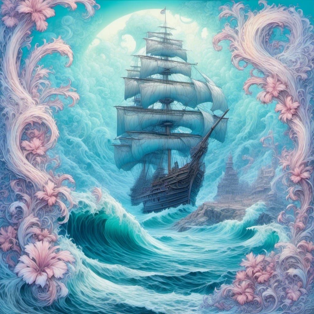 Ship on Isle Under Crescent Moon: Fractal Art