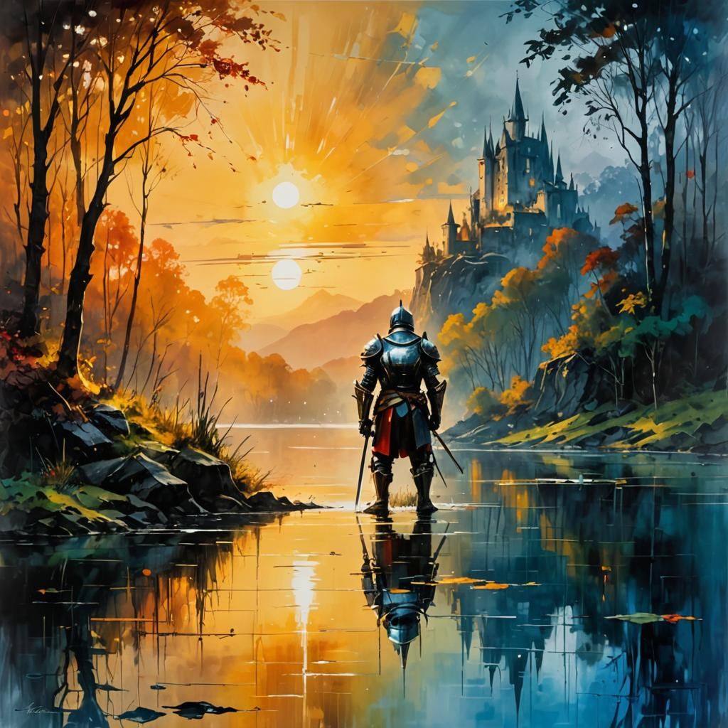 Knight silver armour by a sunrise lake by Carne Griffiths, R...