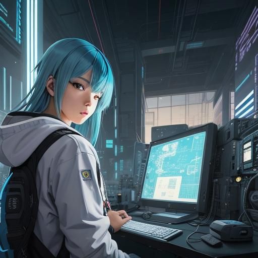 Cyberpunk Hacker with Blue Hair in Anime Style