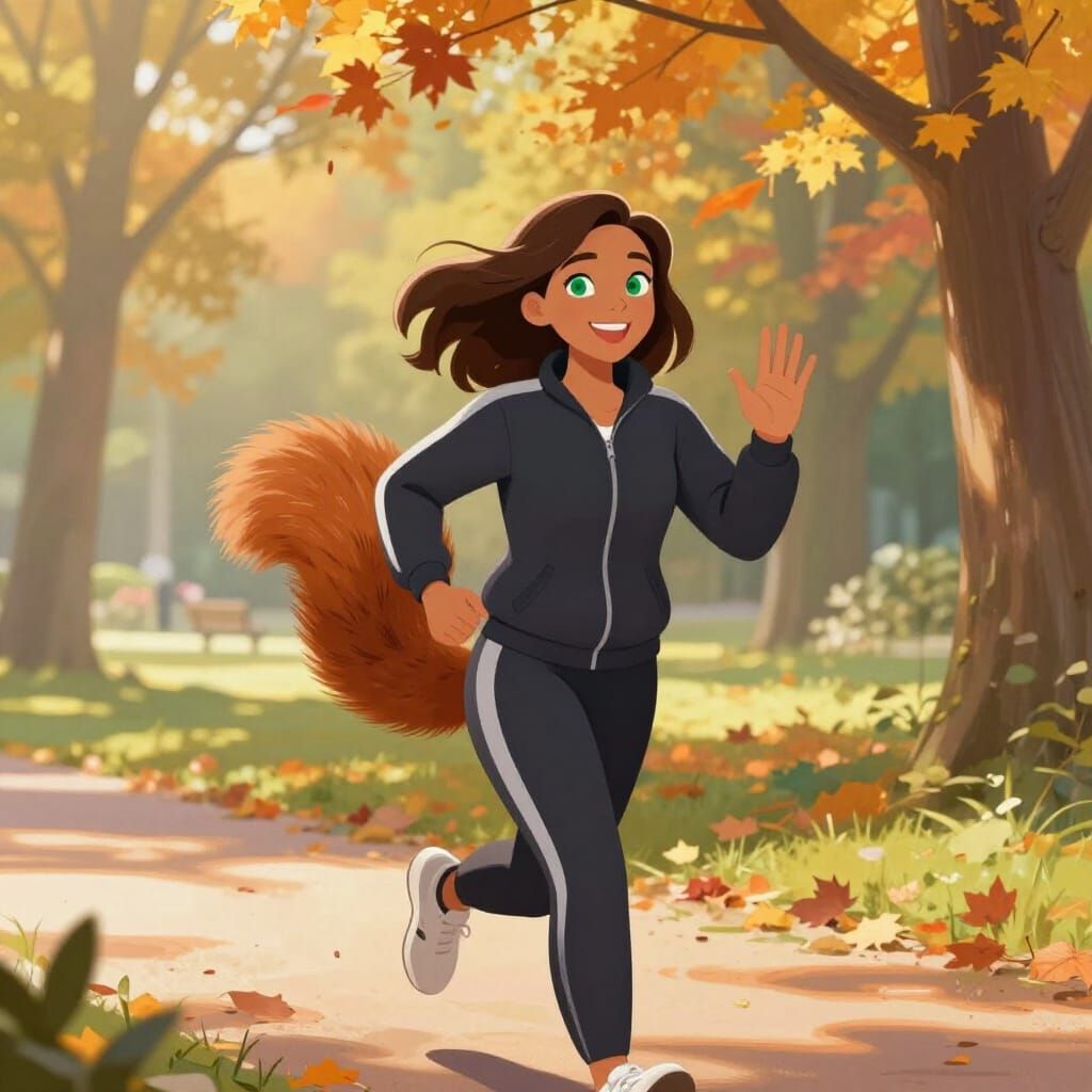 Joyful Woman with Squirrel Tail Jogging in Autumn Park