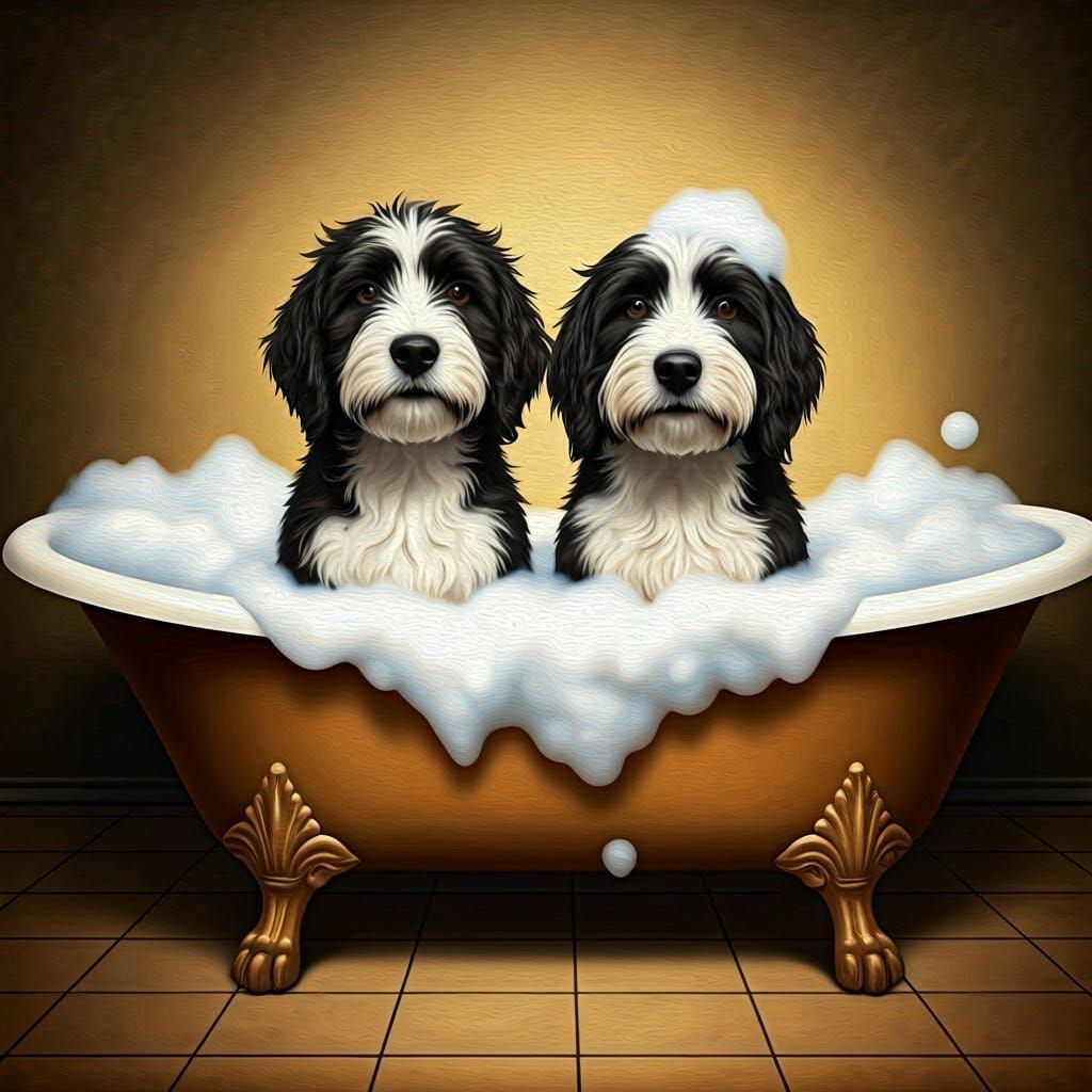 Sheepadoodles Relax in Vintage Bathtub: Classical Painting