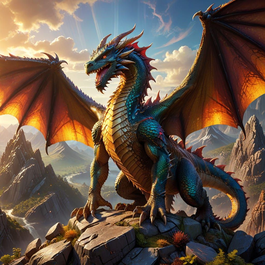 Mega Earth Dragon on Mountain, Digital Art