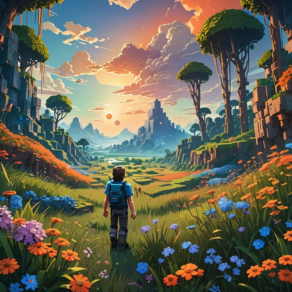 Minecraft Steve in Lush Plains, Fantasy Art