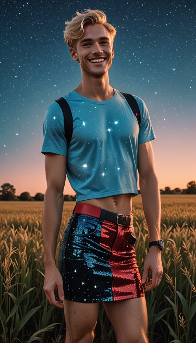 Blonde Man in Crop Top Smiling at Stars in Pop Art
