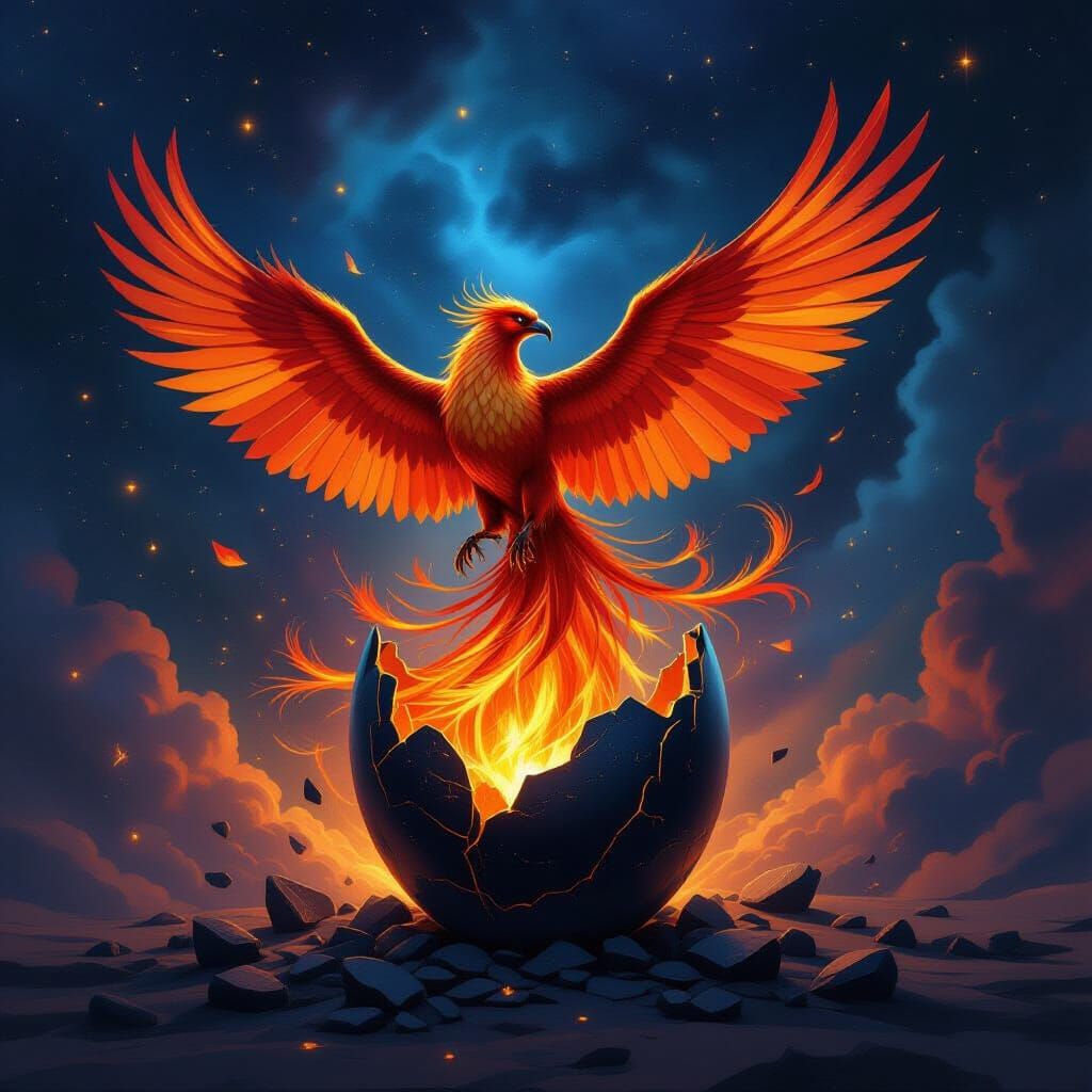 Majestic Phoenix Erupts From Obsidian Egg in Cosmic Nebula