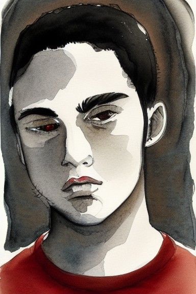 Intense Gaze of a Young Man in Sumi Ink