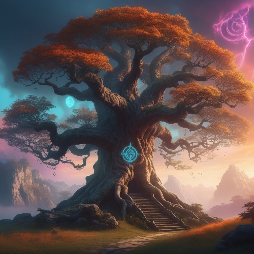 Ethereal Ancient Tree in Vibrant Gradient Sky