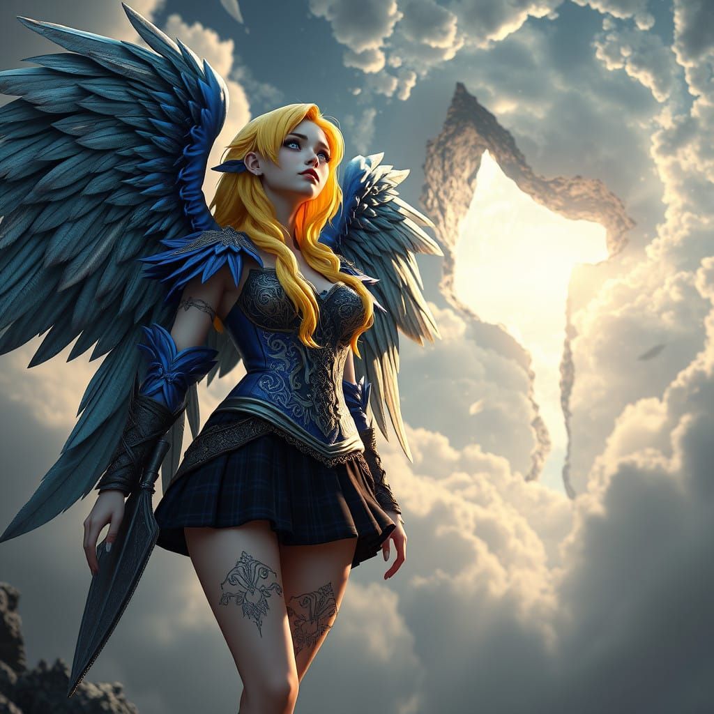 Hyperrealistic Fallen Angel with Battered Wings and Neon Hai...