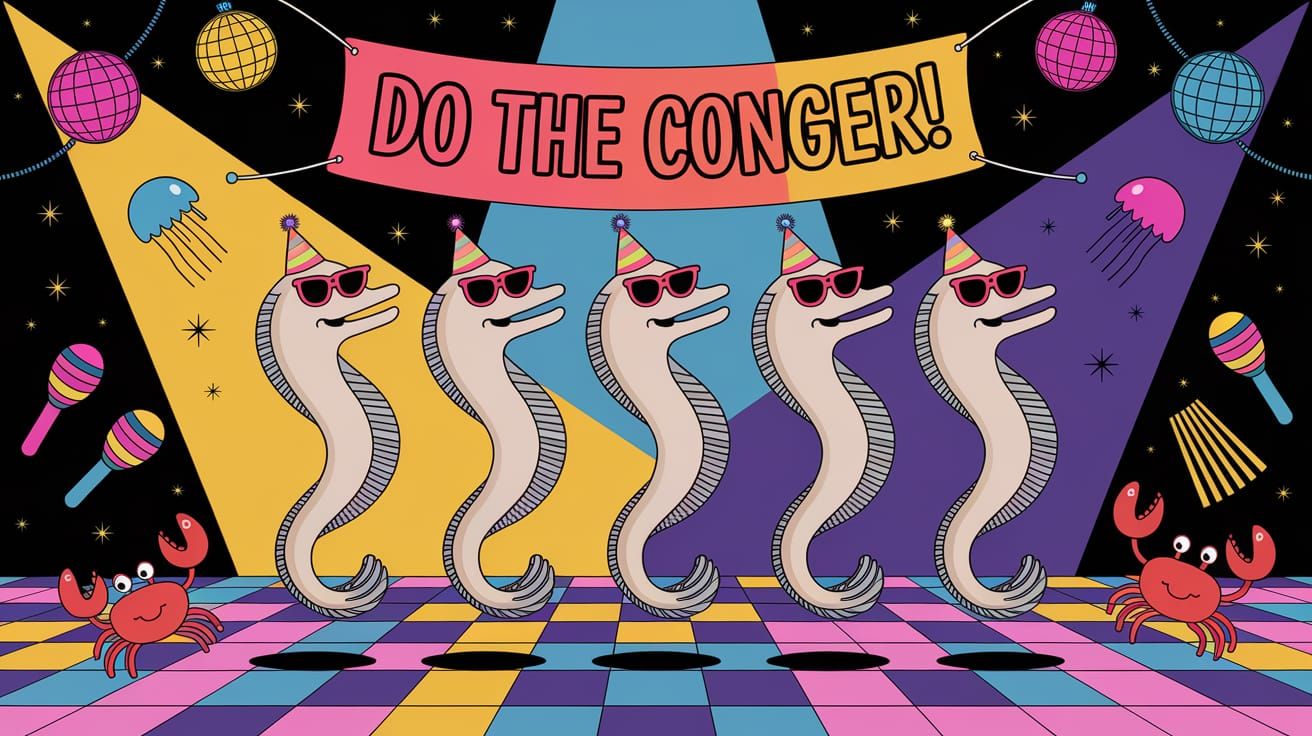 Conger Eels Dance the Conga in Vibrant Neon Ocean Scene