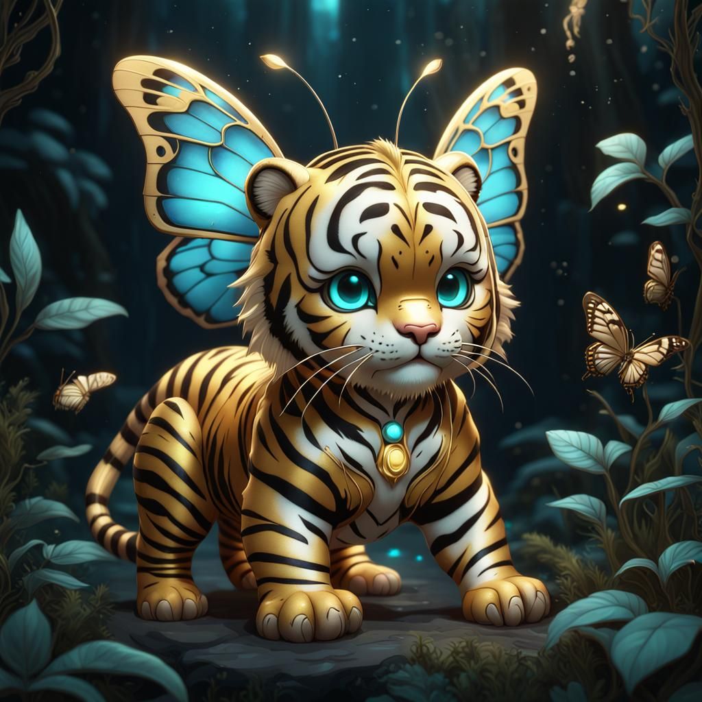 Bioluminescent Chibi Butterfly Tiger, Detailed Digital Art