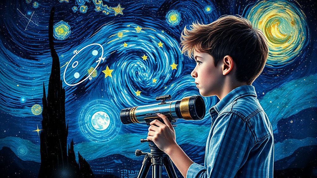 Boy Gazing at Starry Night Sky in Van Gogh Style