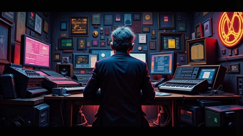 Aphex Twin in Dimly Lit Cyberpunk Studio