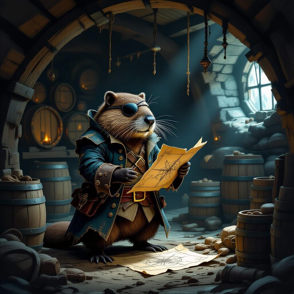 Beaver Pirate Guarding Treasure Map in Dark Fantasy Style