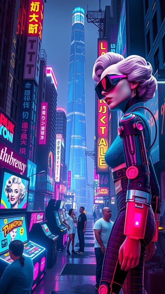 Cyberpunk Dreamscape with Retro-Futuristic Icons