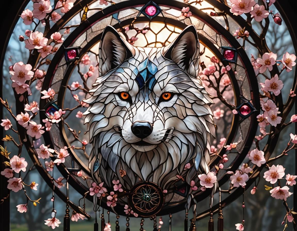 Stained Glass Wolf Dreamcatcher with Cherry Blossoms