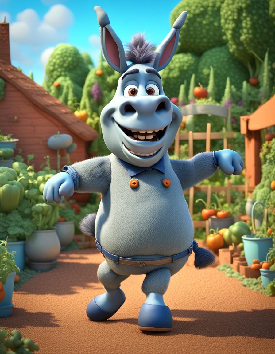 Dancing Donkey in Vegetable Garden: Pixar-Style 3D Art