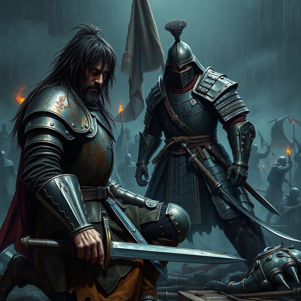 Gritty Dark Fantasy Warrior Confrontation in Iron Armor