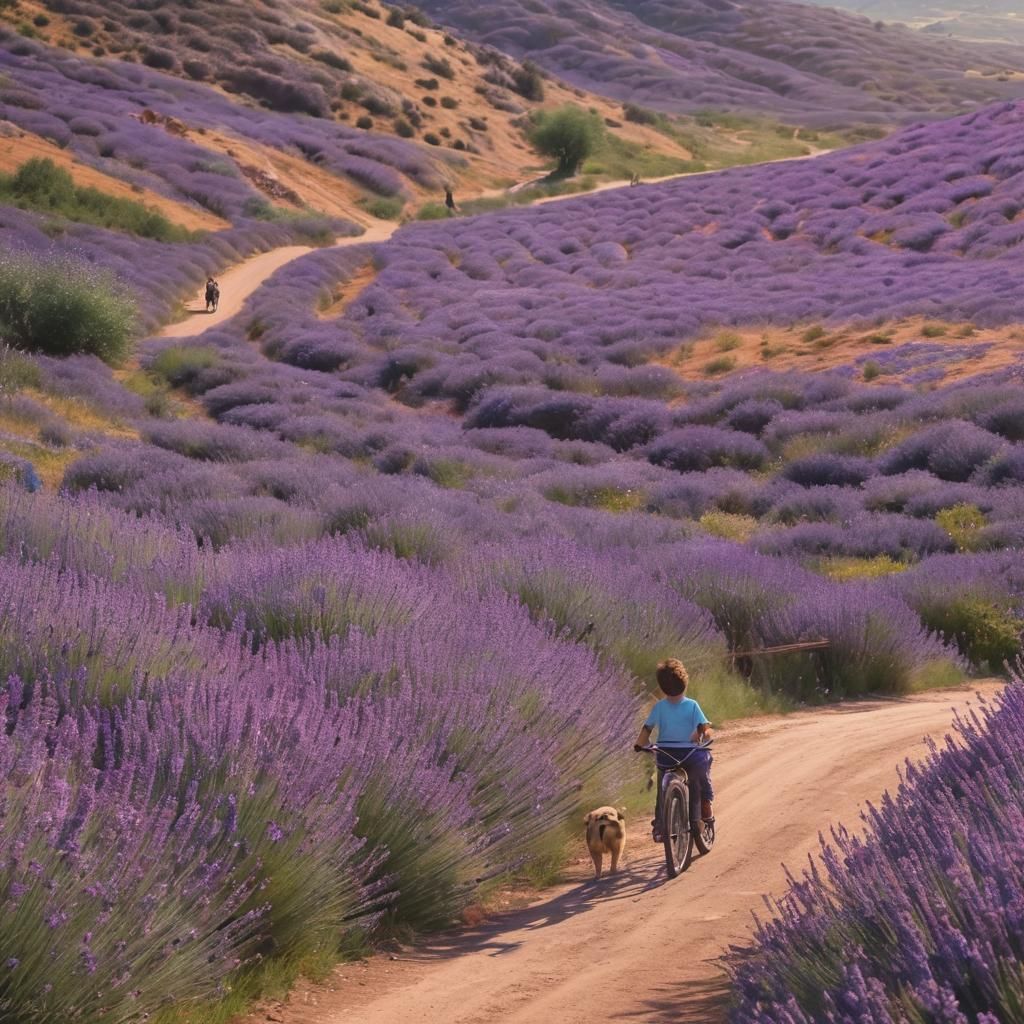 Boys Ride Bikes Amidst Lavender Fields with Wild Horses and....