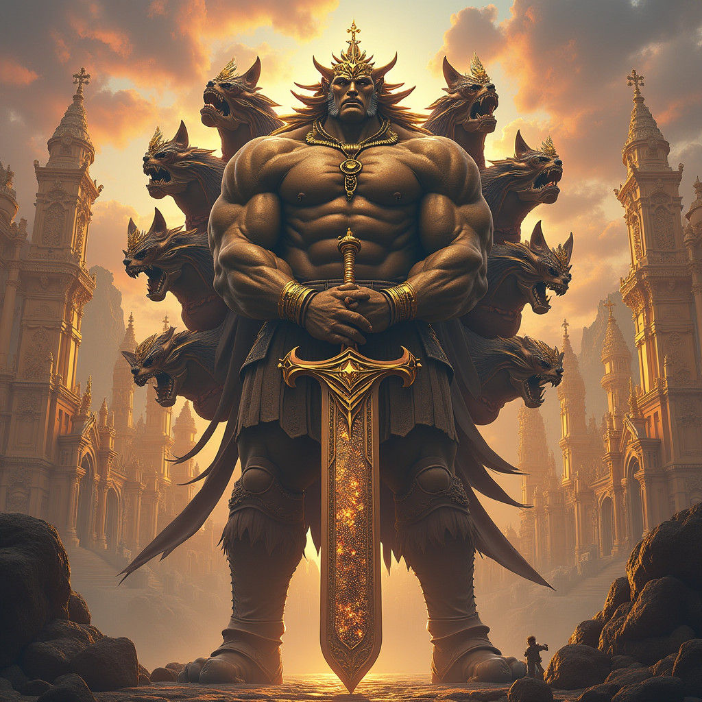 Colossal Multi-Headed Warrior in Front of Golden Palace