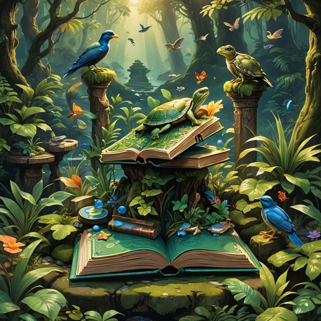 Magic Book with Turtle, Birds, Frog Illustrations