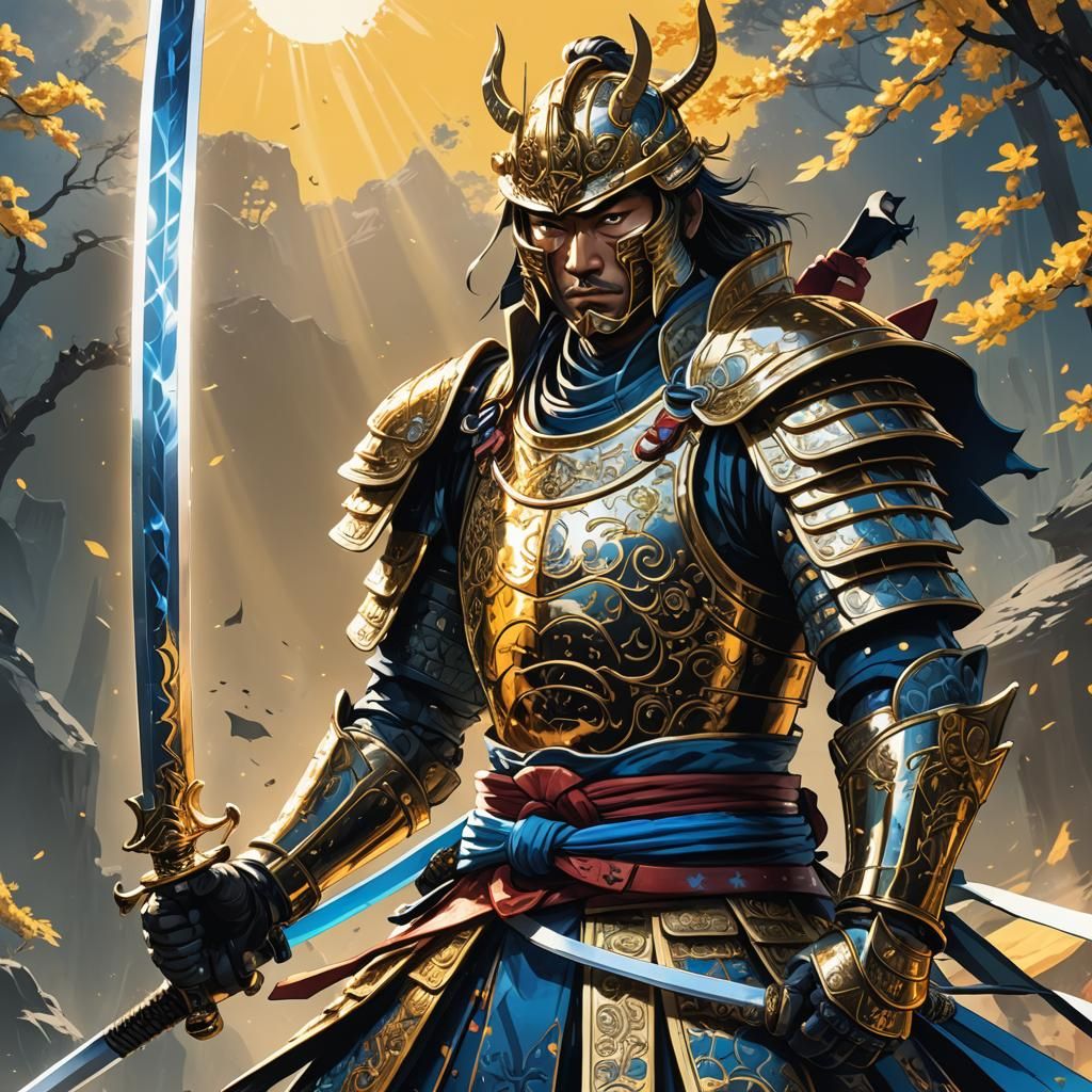 Samurai with Shining Sword in Comic Book Style