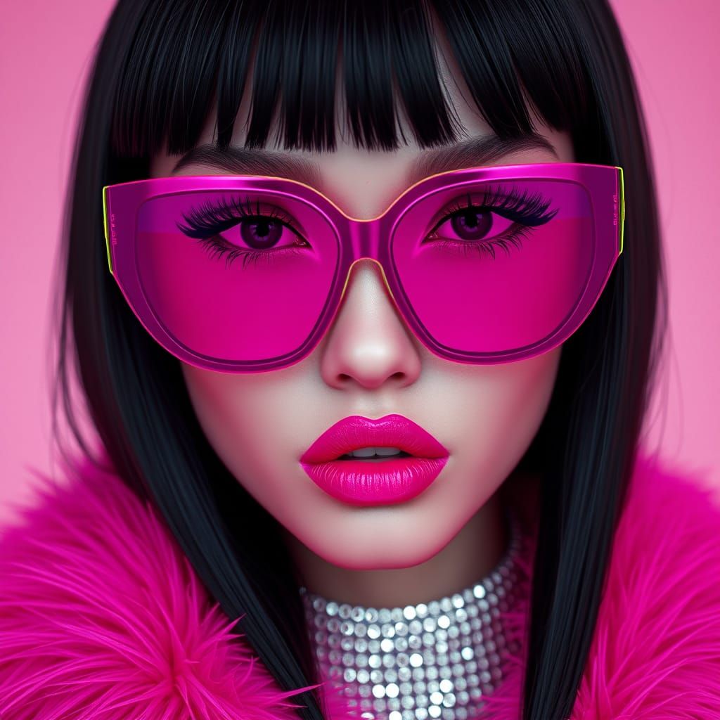Futuristic Woman with Fuchsia Sunglasses in Retro Fashion