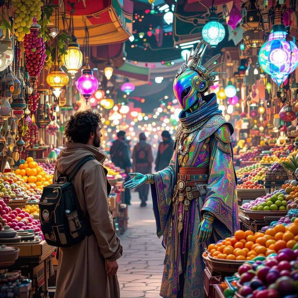 Exotic Alien Marketplace Inspired by Moebius and Syd Mead