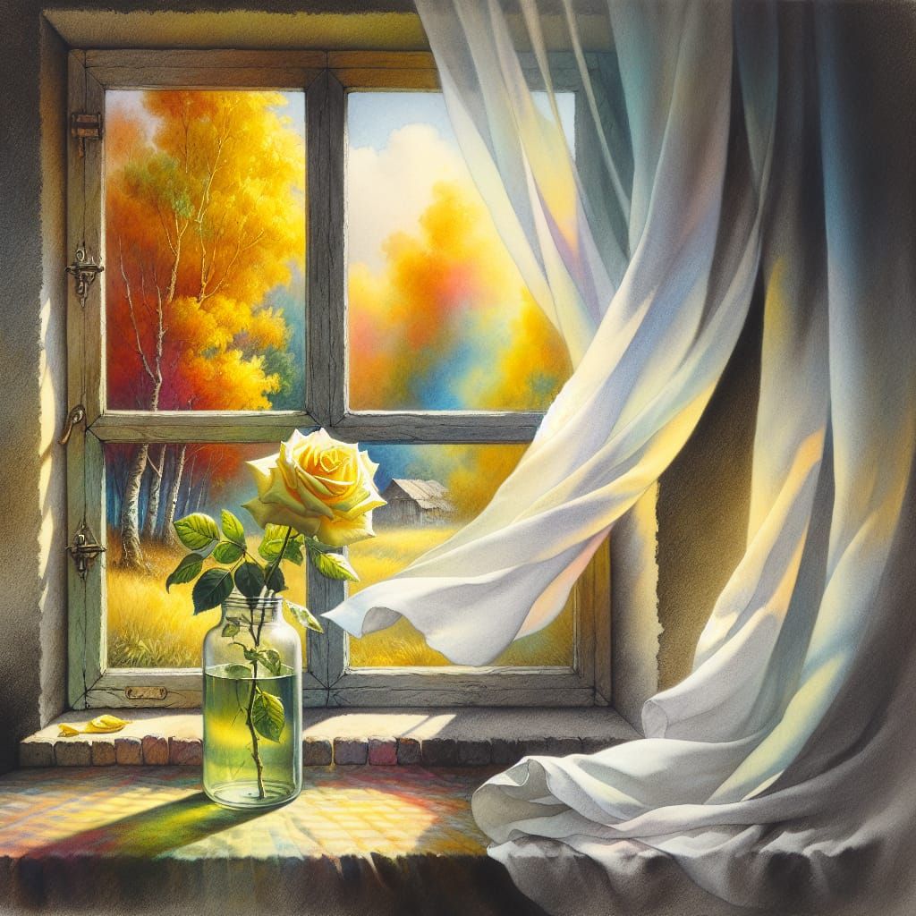 A whimsical image of a lonesome yellow rose in a jar sitting by a window