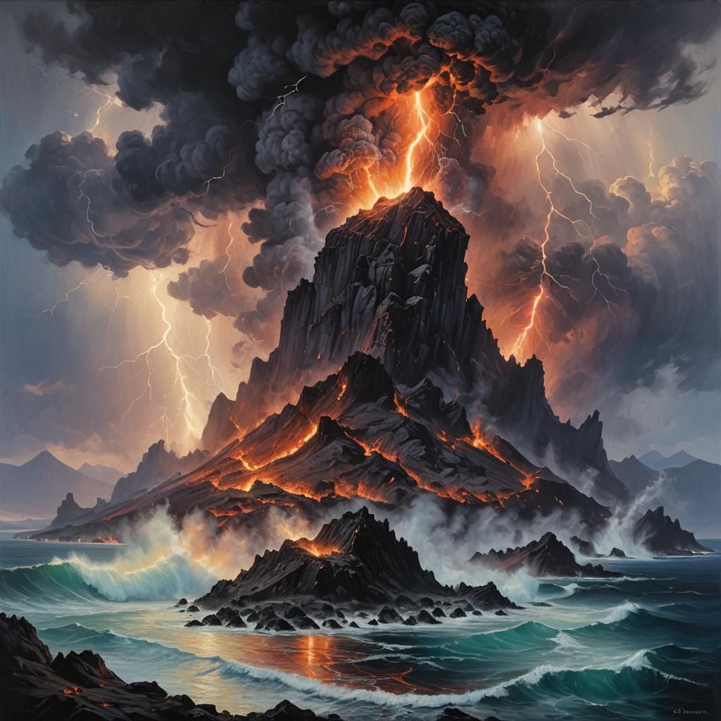 Volcanic Lightning Island: Oil Painting