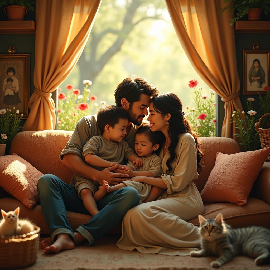 Loving Family Embrace in Fantasy Cottagecore Setting